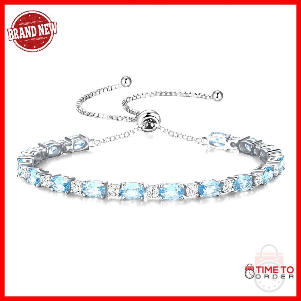 Sterling Silver Plated Adjustable Birthstone Bracelet with Aquamarine